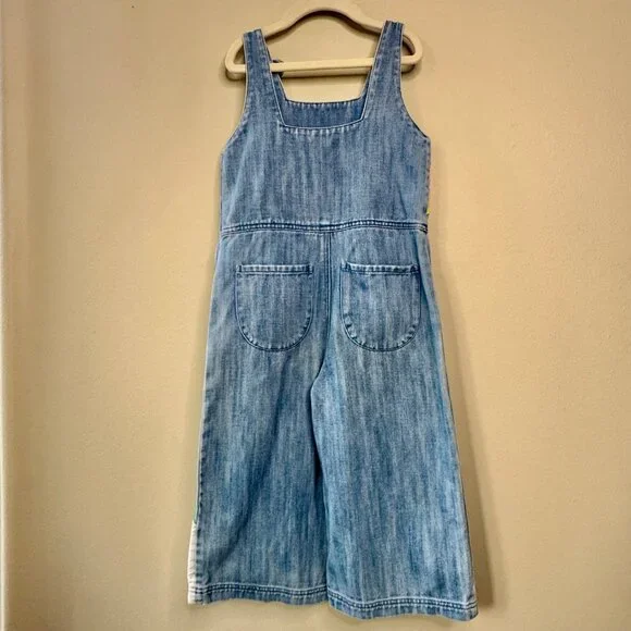 MINI BODEN Denim Rainbow Overalls Jumpsuit 6-7 122cm Blue Overall Clouds Bows - Picture 2 of 10